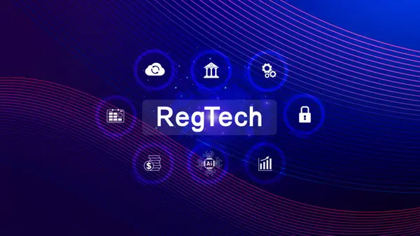 stock image Regtech, Regulatory technology concept, management of regulatory processes with financial industry through technology, Regulatory monitoring, reporting and compliance, Machine learning tech.