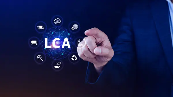 stock image LCA, Life cycle assessment concept, ISO LCA standard aims to limit climate change, Methodology for assessing environmental impacts associated on value chain product.