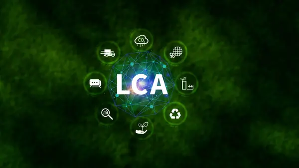 stock image LCA, Life cycle assessment concept, ISO LCA standard aims to limit climate change, Methodology for assessing environmental impacts associated on value chain product.