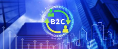 B2C, Müşteri pazarlama stratejisi kavramı, iş stratejisi, iletişim, geri bildirim, çevrimiçi pazarlama, Ticaret pazarlama stratejisi için B2C simgesi.