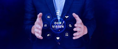 Vizyonumuz, işimiz, teknolojimiz, internet ve ağ konseptimiz. Geleceğin sanal ekranı ve yazıyı görüyor, vizyon kavramını..
