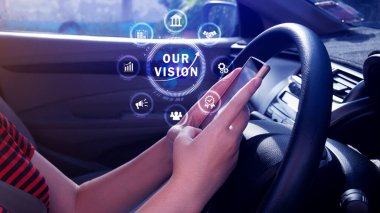 Vizyonumuz, işimiz, teknolojimiz, internet ve ağ konseptimiz. Geleceğin sanal ekranı ve yazıyı görüyor, vizyon kavramını..