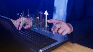 Analiz finansmanı büyütme grafiği ve pazar yatırımı, Finansal iş planı, kazanç, satış ve strateji, borsa grafiği, değişim finansal büyüme şeması, ticarete yatırım.