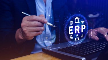 ERP Kavramı, Girişim kaynak planlama kavramı, sanal ekranda ERP sisteminin analizi, iş zekası, HR ve CRM modülleri arasındaki bağlantılar.