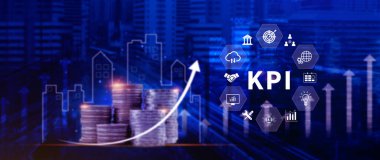 KPI, Anahtar Performans Göstergesi konsepti, Yönetim Veri Sistemi KPI bağlı veritabanı, kazançları, işlemleri ve satış verilerini takip edin, Finansal iş veri analizi grafik paneli.