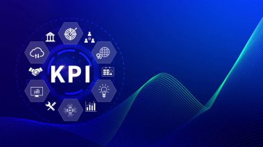 KPI, Anahtar Performans Göstergesi konsepti, Yönetim Veri Sistemi KPI bağlı veritabanı, kazançları, işlemleri ve satış verilerini takip edin, Finansal iş veri analizi grafik paneli.