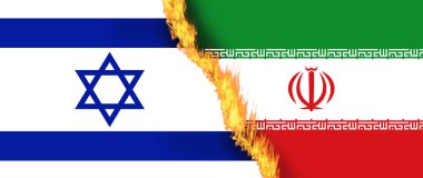İsrail ulusal bayrağı İran ulusal bayrağına karşı ateşte, ülkeler arasında çatışma, diplomatik ilişkilerde bozulma. Çatışma ve kriz kavramı.