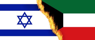 Israel national flag VS Kuwait national flag on Fire, Conflict between countries, deterioration of diplomatic relations. Confliction and crisis concept. clipart