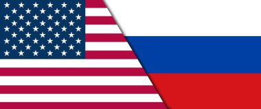 Amerika Birleşik Devletleri bayrağı Rusya bayrağına karşı, ülkeler arasındaki çatışma, diplomatik ilişkilerde bozulma. Çatışma ve kriz kavramı.