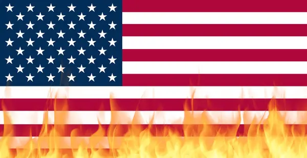 stock image US United States of America national flags on Fire, Conflict between countries, deterioration of diplomatic relations. Confliction and crisis concept.