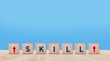 Skill training, Personal development and promoted employee, education, learning, ability, Upskilling and personal development concept, Upskilling, reskilling, new skills on wooden cube. clipart