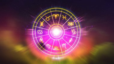 Concept of astrology and horoscope, person inside a zodiac sign wheel, Astrological zodiac signs inside of horoscope circle, Astrology, knowledge of stars in the sky, power of universe concept. clipart