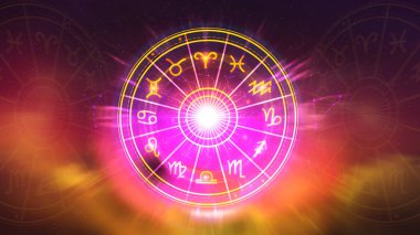 Astroloji ve burç kavramı, burç çarkının içindeki kişi, yıldız çemberi içindeki astrolojik burç işaretleri, gökyüzündeki yıldızlar bilgisi, evrenin gücü kavramı..