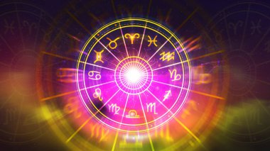 Astroloji ve burç kavramı, burç çarkının içindeki kişi, yıldız çemberi içindeki astrolojik burç işaretleri, gökyüzündeki yıldızlar bilgisi, evrenin gücü kavramı..