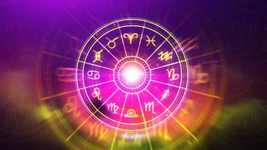 Astroloji ve burç kavramı, burç çarkının içindeki kişi, yıldız çemberi içindeki astrolojik burç işaretleri, gökyüzündeki yıldızlar bilgisi, evrenin gücü kavramı..