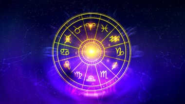 Astroloji ve burç kavramı, burç çarkının içindeki kişi, yıldız çemberi içindeki astrolojik burç işaretleri, gökyüzündeki yıldızlar bilgisi, evrenin gücü kavramı..