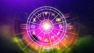 Astroloji ve burç kavramı, burç çarkının içindeki kişi, yıldız çemberi içindeki astrolojik burç işaretleri, gökyüzündeki yıldızlar bilgisi, evrenin gücü kavramı..