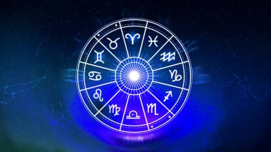 Astroloji ve burç kavramı, burç çarkının içindeki kişi, yıldız çemberi içindeki astrolojik burç işaretleri, gökyüzündeki yıldızlar bilgisi, evrenin gücü kavramı..
