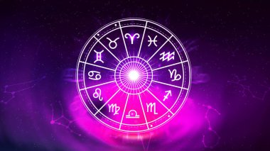 Astroloji ve burç kavramı, burç çarkının içindeki kişi, yıldız çemberi içindeki astrolojik burç işaretleri, gökyüzündeki yıldızlar bilgisi, evrenin gücü kavramı..