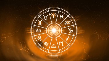 Astroloji ve burç kavramı, burç çarkının içindeki kişi, yıldız çemberi içindeki astrolojik burç işaretleri, gökyüzündeki yıldızlar bilgisi, evrenin gücü kavramı..