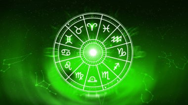 Astroloji ve burç kavramı, burç çarkının içindeki kişi, yıldız çemberi içindeki astrolojik burç işaretleri, gökyüzündeki yıldızlar bilgisi, evrenin gücü kavramı..