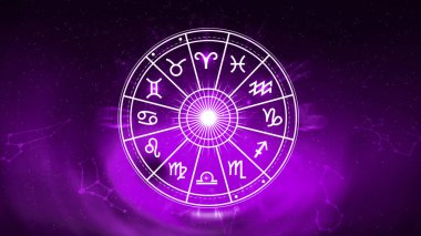 Astroloji ve burç kavramı, burç çarkının içindeki kişi, yıldız çemberi içindeki astrolojik burç işaretleri, gökyüzündeki yıldızlar bilgisi, evrenin gücü kavramı..