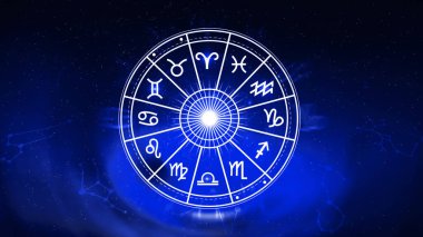Astroloji ve burç kavramı, burç çarkının içindeki kişi, yıldız çemberi içindeki astrolojik burç işaretleri, gökyüzündeki yıldızlar bilgisi, evrenin gücü kavramı..
