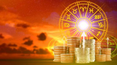 Burç işaretli yıldız falı ve astroloji, para, astroloji ve zenginlik kavramı gibi para sikkeleri, mali yıldız falı kavramı.