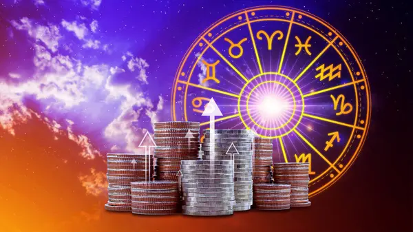 Burç işaretli yıldız falı ve astroloji, para, astroloji ve zenginlik kavramı gibi para sikkeleri, mali yıldız falı kavramı.