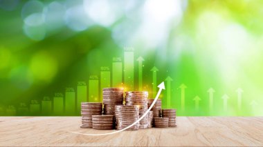 Para yığını arka plan iş konsepti. Faiz Yatırım fikirleri, getiriler, mali getiriler, tasarruflar, yatırım şirketleri.