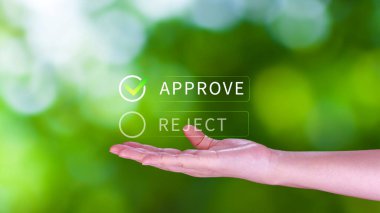 Garanti konseptini onayla veya reddet, onayla, kabul et, kabul et, teftişi geç, belge ve projeyi onaylamak için doğru işareti işaretle, Yönetim, inceleme, anket, tik, sertifika.