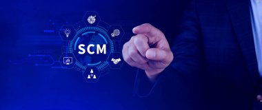 SCM konsepti, tedarik zinciri yönetimi, lojistik ve ulaşım, iletişim ağı. Müşterilerin ihtiyaçlarını karşılamak için kaynakların düzenlenmesi ve kontrol edilmesi.