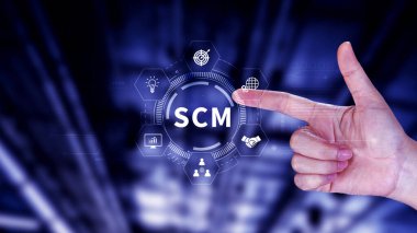 SCM konsepti, tedarik zinciri yönetimi, lojistik ve ulaşım, iletişim ağı. Müşterilerin ihtiyaçlarını karşılamak için kaynakların düzenlenmesi ve kontrol edilmesi.