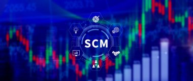 SCM konsepti, tedarik zinciri yönetimi, lojistik ve ulaşım, iletişim ağı. Müşterilerin ihtiyaçlarını karşılamak için kaynakların düzenlenmesi ve kontrol edilmesi.