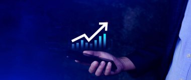 Küresel iş büyümesi analizi ve varlık yatırım grafiği İş ve Finans, Yukarı ok ekonomi grafiği, küresel ekonomik eğilim analizi, sanal ekran analizi.