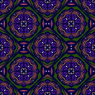 Retro geometrik desen tekrarlanıyor. Kumaş izi. Damask tarzı, kusursuz arkaplan, mozaik süs, klasik tarz. Kumaşlardaki parmak izleri için tasarım