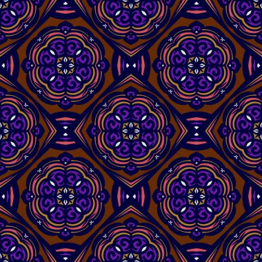 Retro geometrik desen tekrarlanıyor. Kumaş izi. Damask tarzı, kusursuz arkaplan, mozaik süs, klasik tarz. Kumaşlardaki parmak izleri için tasarım