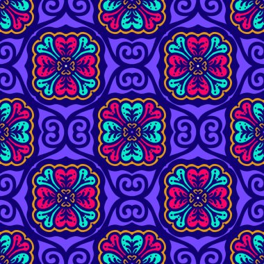 Retro geometrik desen tekrarlanıyor. Kumaş izi. Damask tarzı, kusursuz arkaplan, mozaik süs, klasik tarz. Kumaşlardaki parmak izleri için tasarım