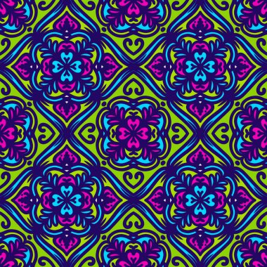 Retro geometrik desen tekrarlanıyor. Kumaş izi. Damask tarzı, kusursuz arkaplan, mozaik süs, klasik tarz. Kumaşlardaki parmak izleri için tasarım