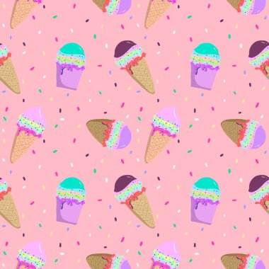 Kusursuz desenli Parlak ve Pastel Renkler. Dondurma külahlı. Duvar kağıdı, baskı, kağıt, ambalaj, tekstil için kullan.