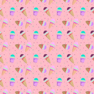 Kusursuz desenli Parlak ve Pastel Renkler. Dondurma külahlı. Duvar kağıdı, baskı, kağıt, ambalaj, tekstil için kullan.