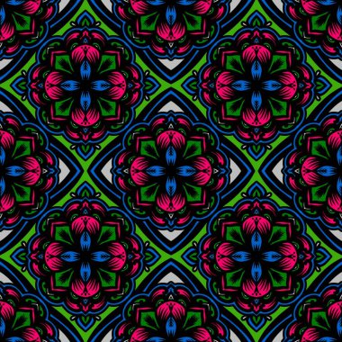 Mandalalı kusursuz desenli çiçek, klasik dekoratif elementler, klasik dekoratif çizimler, renkli kabile süsleriyle etnik mandala.