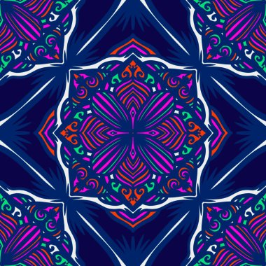 Mandalalı kusursuz desenli çiçek, klasik dekoratif elementler, klasik dekoratif çizimler, renkli kabile süsleriyle etnik mandala.