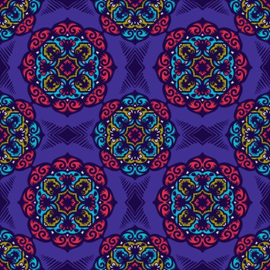 Mandalalı kusursuz desenli çiçek, klasik dekoratif elementler, klasik dekoratif çizimler, renkli kabile süsleriyle etnik mandala.