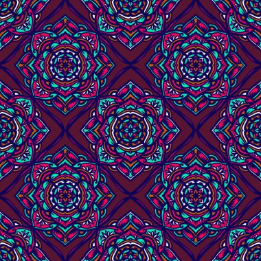 Mandalalı kusursuz desenli çiçek, klasik dekoratif elementler, klasik dekoratif çizimler, renkli kabile süsleriyle etnik mandala.