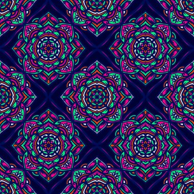 Mandalalı kusursuz desenli çiçek, klasik dekoratif elementler, klasik dekoratif çizimler, renkli kabile süsleriyle etnik mandala.