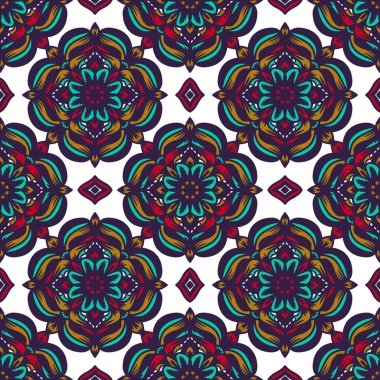 Mandalalı kusursuz desenli çiçek, klasik dekoratif elementler, klasik dekoratif çizimler, renkli kabile süsleriyle etnik mandala.