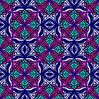 Mandalalı kusursuz desenli çiçek, klasik dekoratif elementler, klasik dekoratif çizimler, renkli kabile süsleriyle etnik mandala.