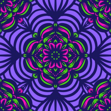 Mandalalı kusursuz desenli çiçek, klasik dekoratif elementler, klasik dekoratif çizimler, renkli kabile süsleriyle etnik mandala.