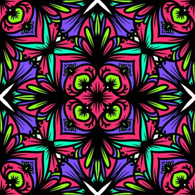 Mandalalı kusursuz desenli çiçek, klasik dekoratif elementler, klasik dekoratif çizimler, renkli kabile süsleriyle etnik mandala, renkli çiçek desenleri.